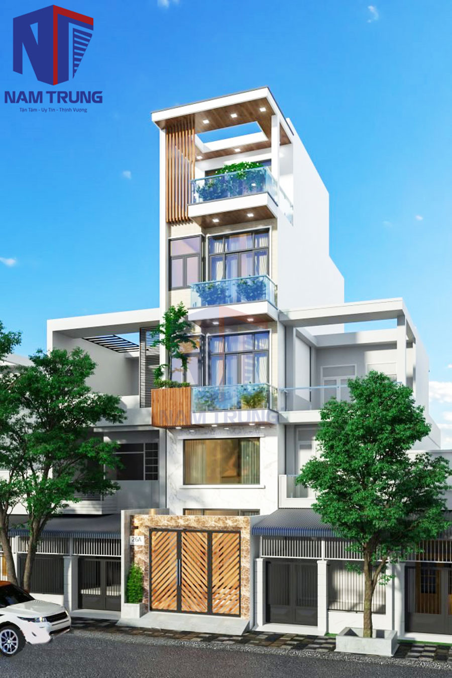 Mẫu thiết kế nhà phố 1 trệt 3 lầu tum sân thượng