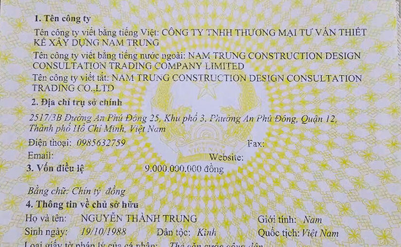 Giấy phép kinh doanh Công ty xây dựng Nam Trung