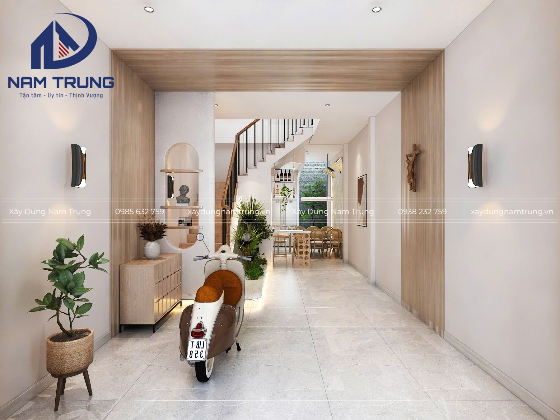 Mẫu thiết kế nhà phố 1 trệt 2 lầu tum sân thượng hiện đại, sang trọng