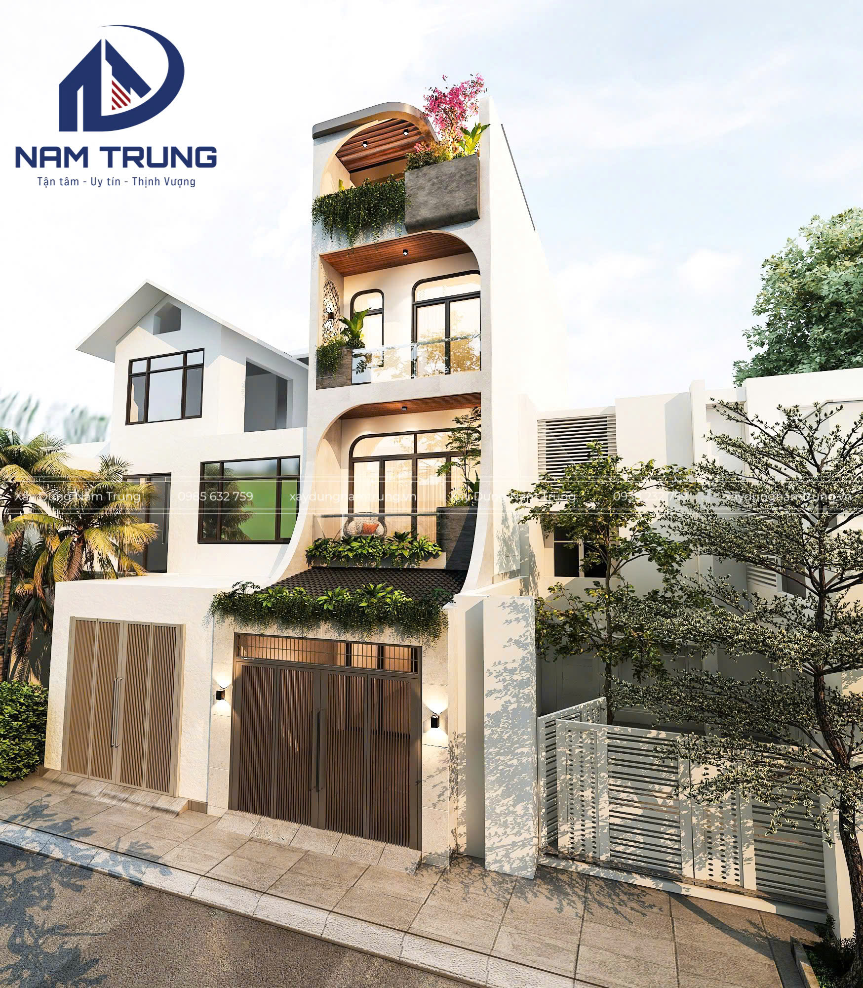 Mẫu thiết kế nhà phố 1 trệt 2 lầu tum sân thượng hiện đại, sang trọng