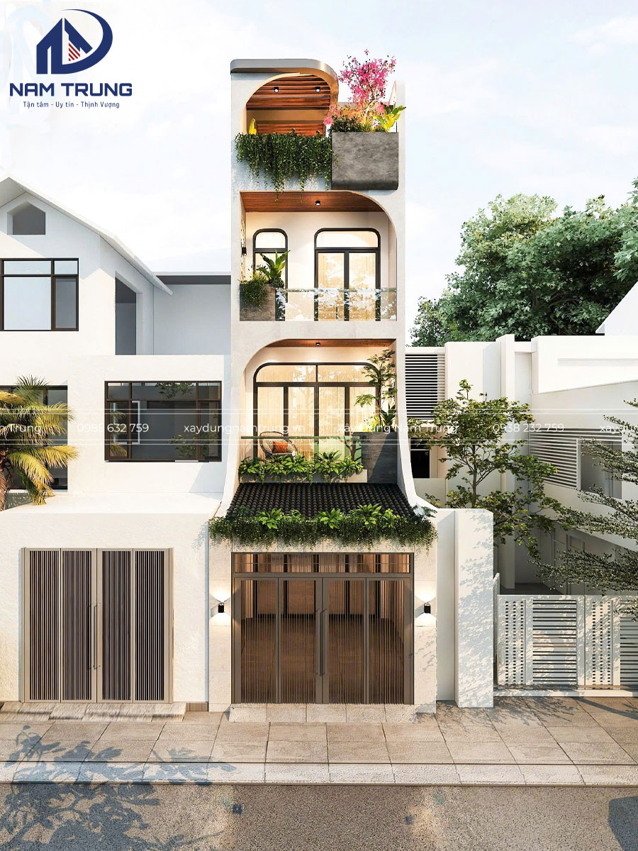 Mẫu thiết kế nhà phố 1 trệt 2 lầu tum sân thượng hiện đại, sang trọng