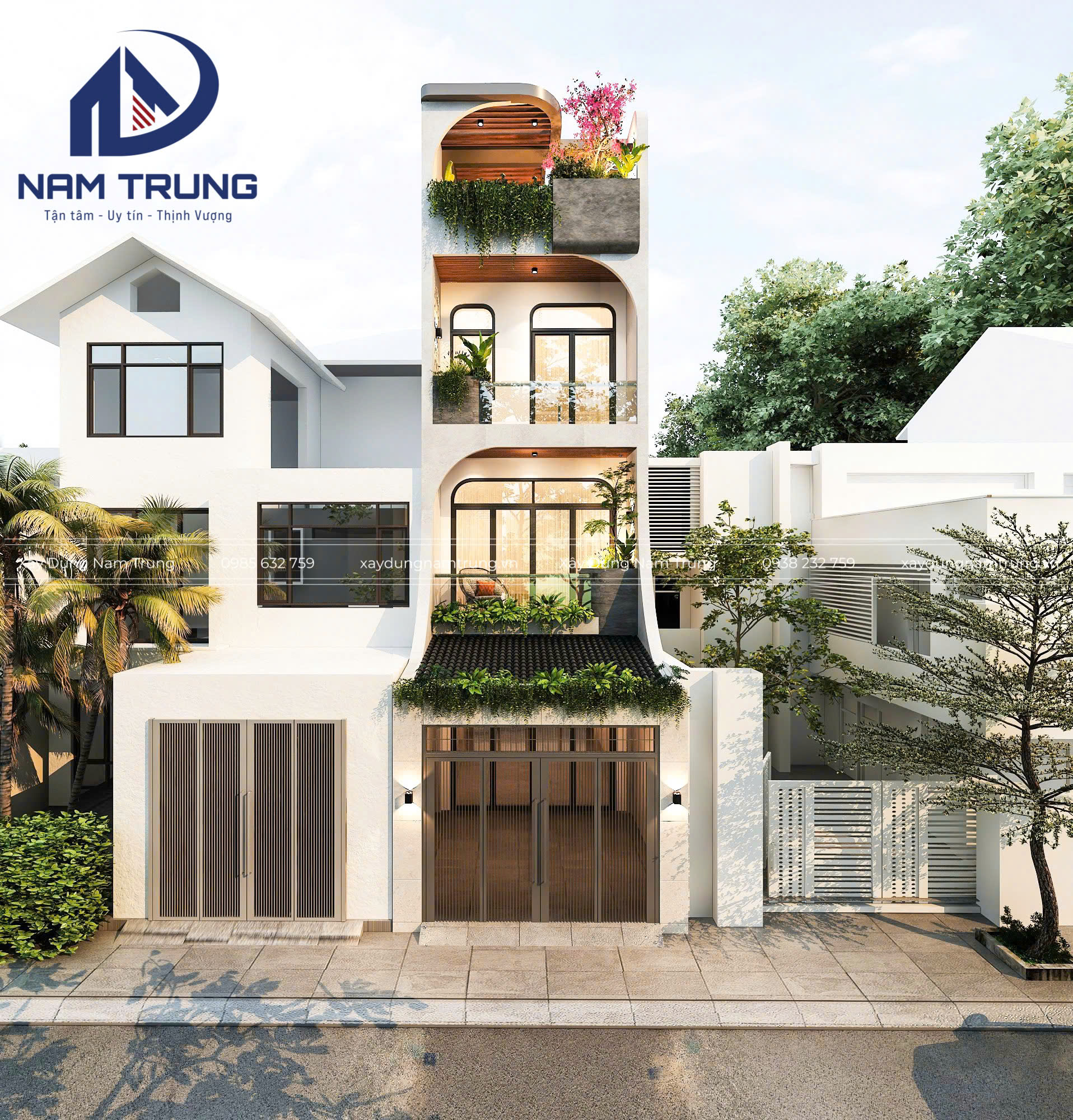 Mẫu thiết kế nhà phố 1 trệt 2 lầu tum sân thượng hiện đại, sang trọng